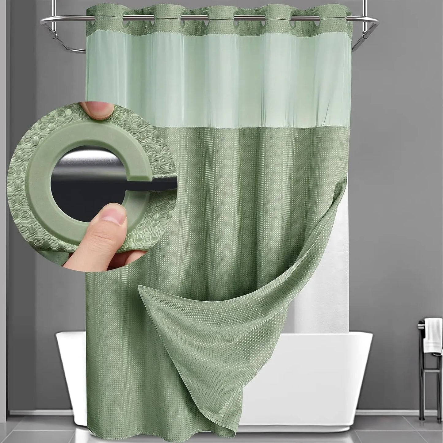 No Hook Shower Curtain with Snap Liner, Waterproof Double Layer, 72" x 75"