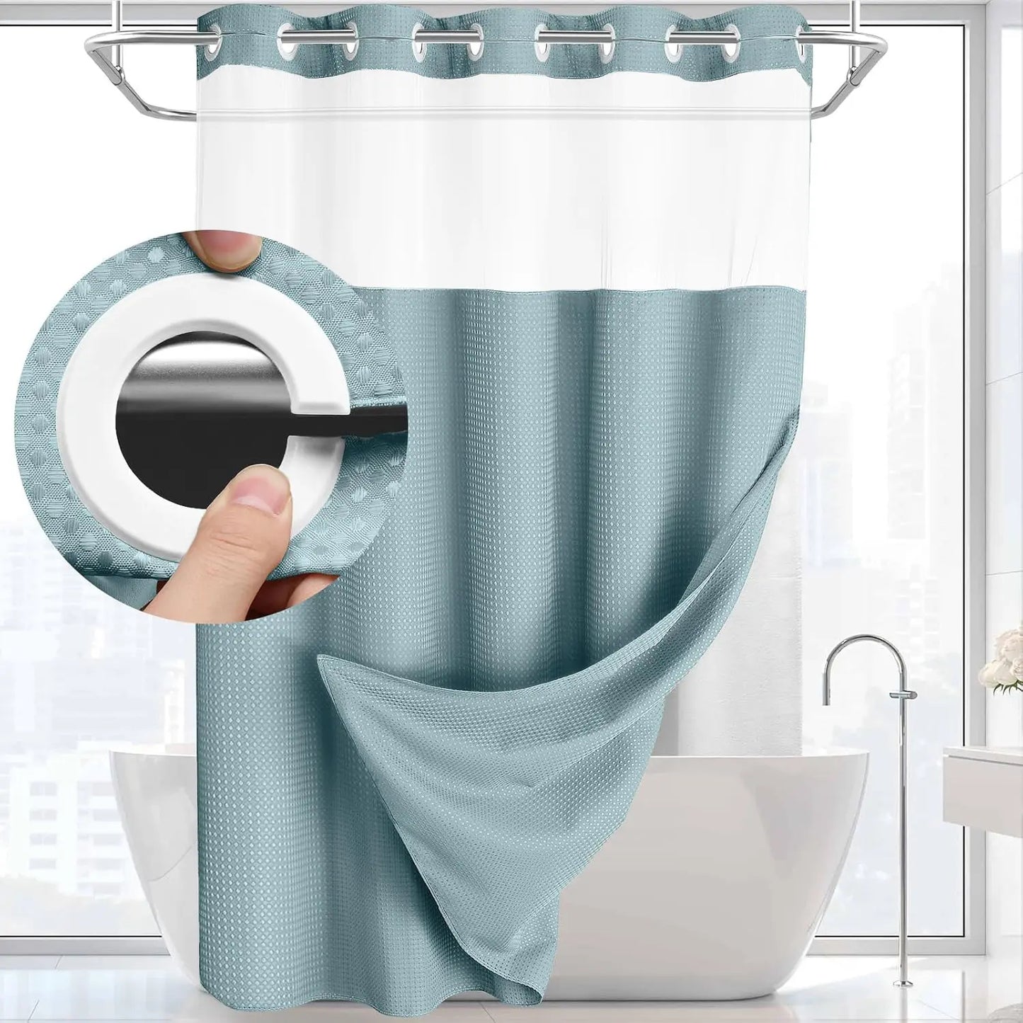 No Hook Shower Curtain with Snap Liner, Waterproof Double Layer, 72" x 75"
