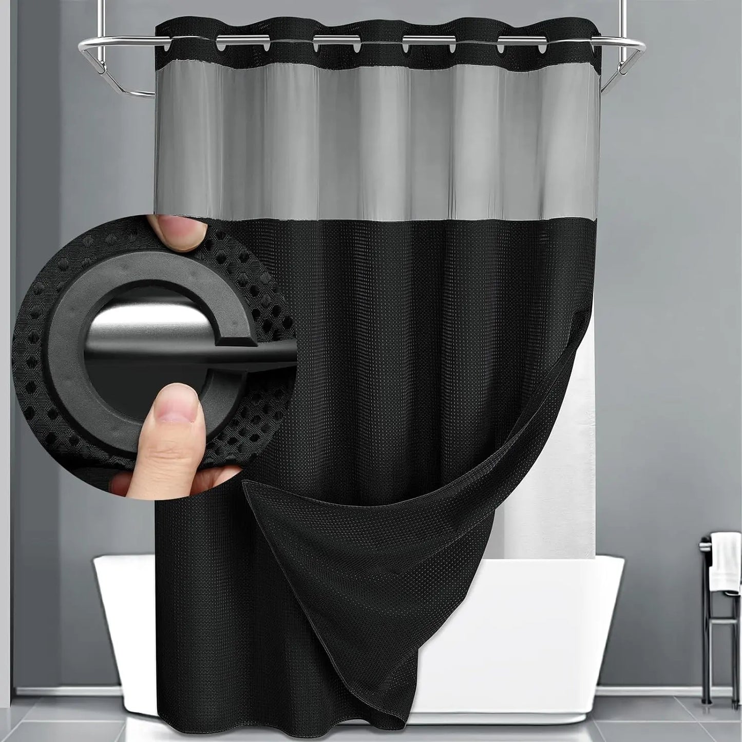 No Hook Shower Curtain with Snap Liner, Waterproof Double Layer, 72" x 75"