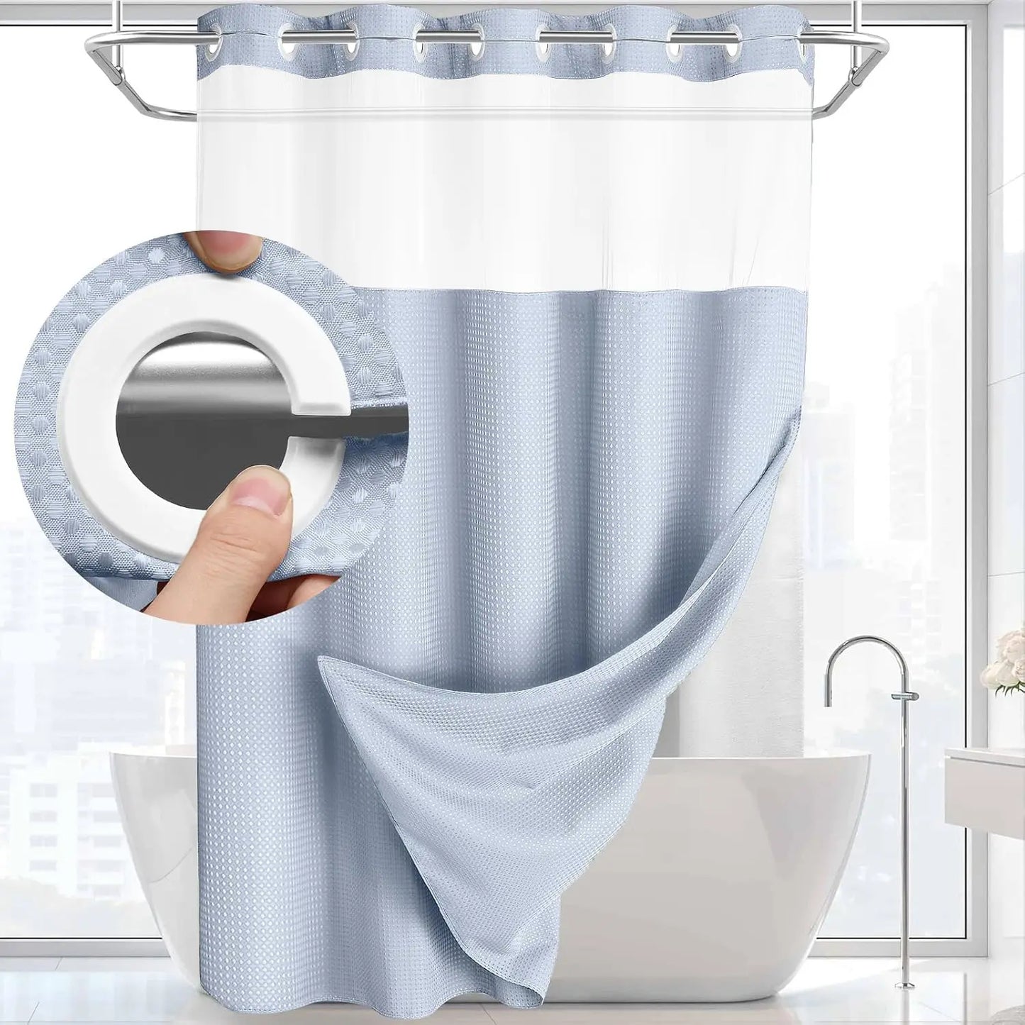 No Hook Shower Curtain with Snap Liner, Waterproof Double Layer, 72" x 75"