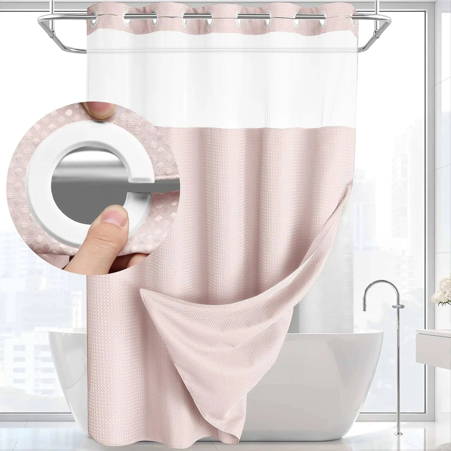 No Hook Shower Curtain with Snap Liner, Waterproof Double Layer, 72" x 75"