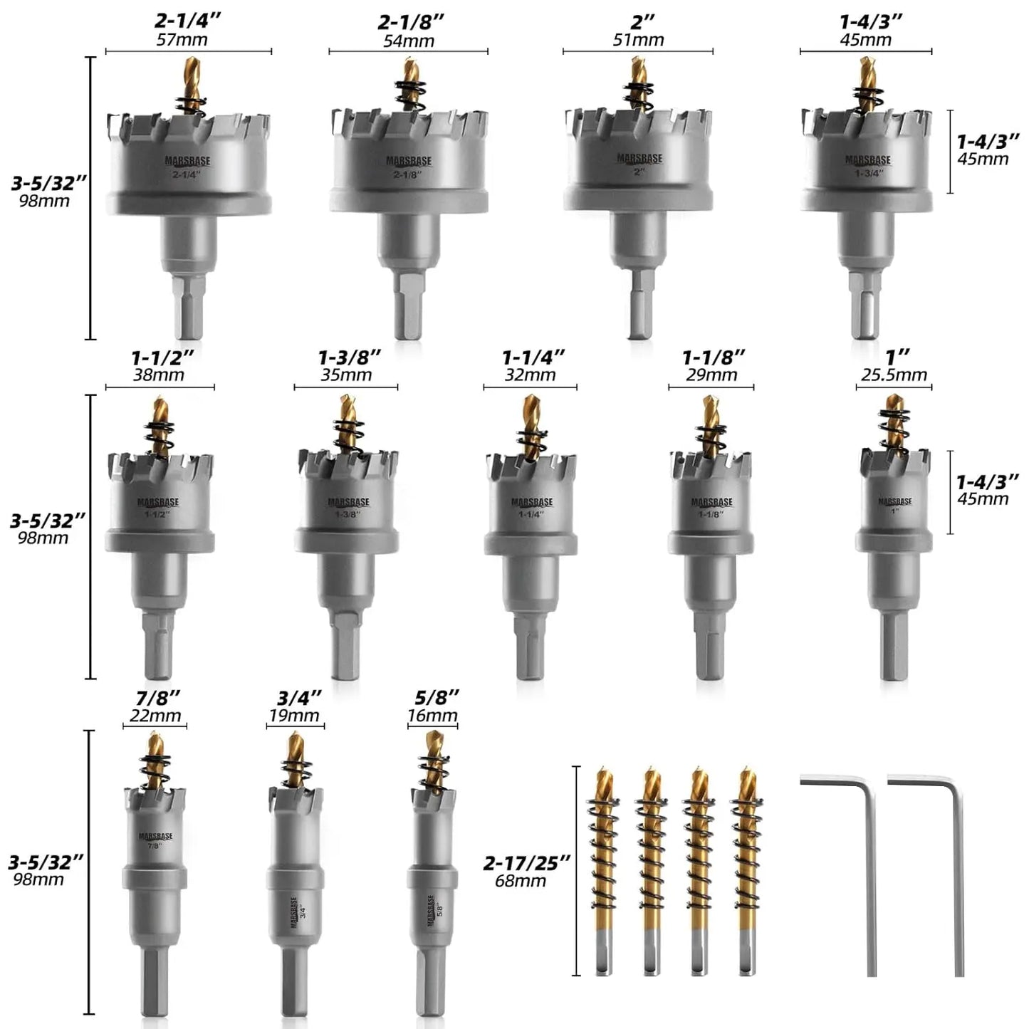 TCT Carbide Hole Saw Kit 5/8"-2-1/4" for Metal Stainless Steel Iron Copper Brass