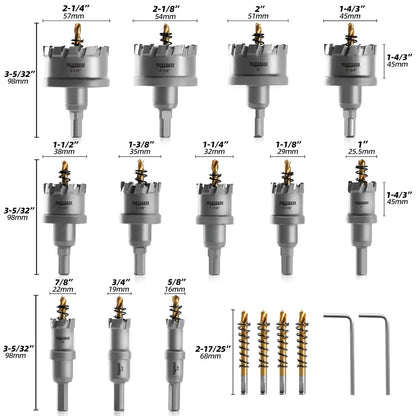 TCT Carbide Hole Saw Kit 5/8"-2-1/4" for Metal Stainless Steel Iron Copper Brass