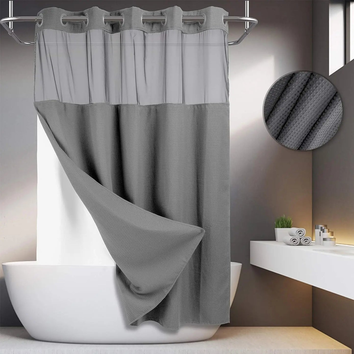 No Hook Shower Curtain with Snap Liner, Waterproof Double Layer, 72" x 75"