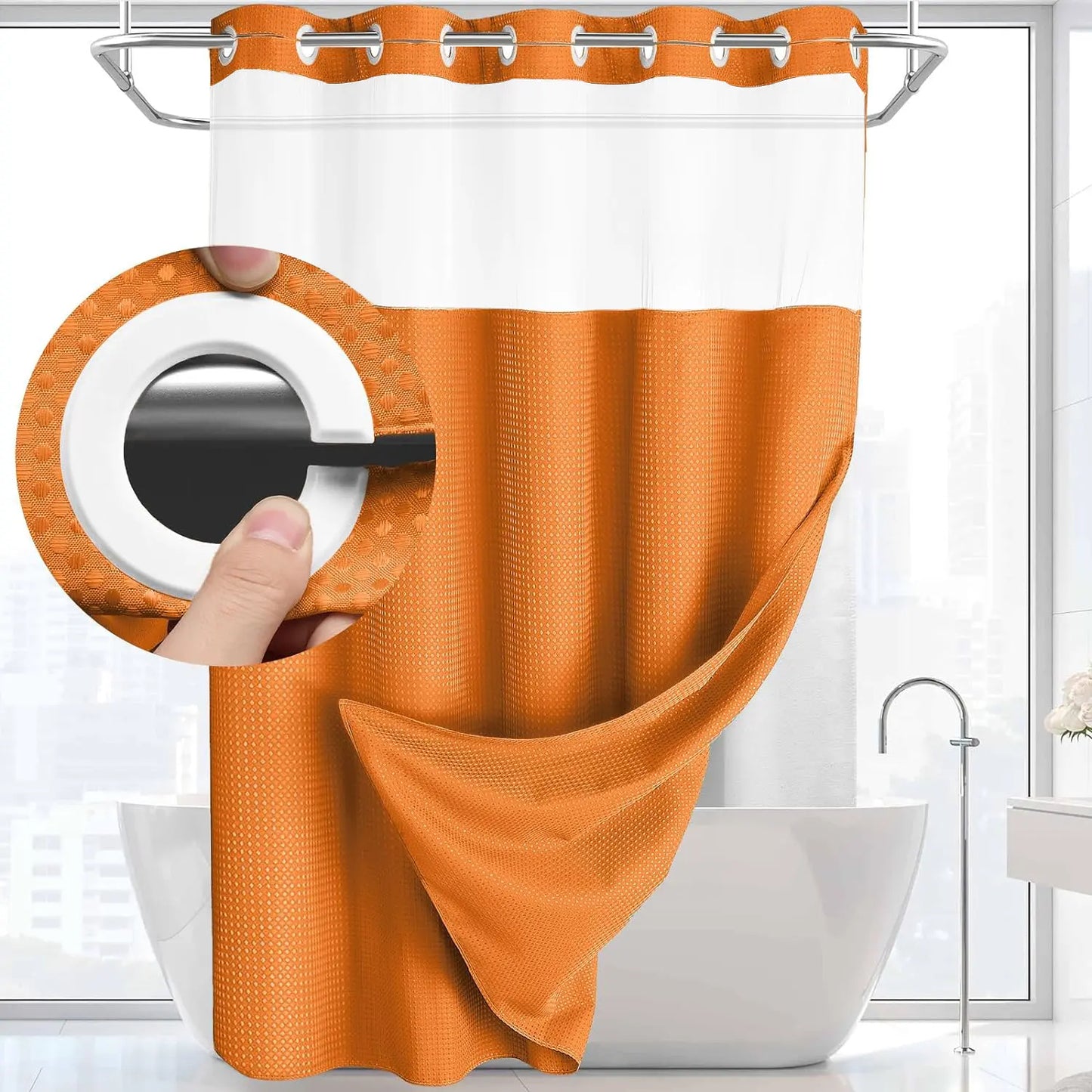 No Hook Shower Curtain with Snap Liner, Waterproof Double Layer, 72" x 75"