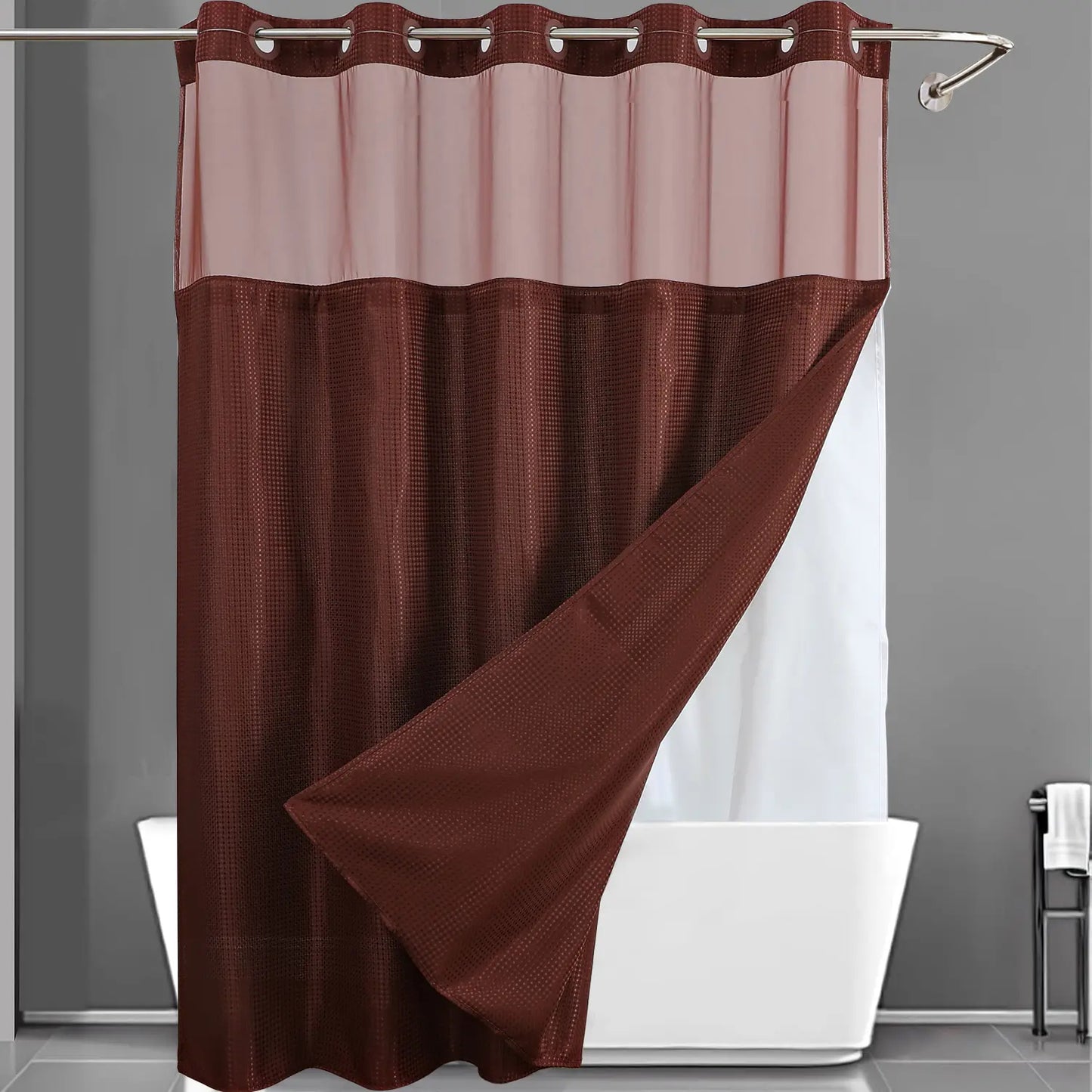 No Hook Shower Curtain with Snap Liner, Waterproof Double Layer, 72" x 75"