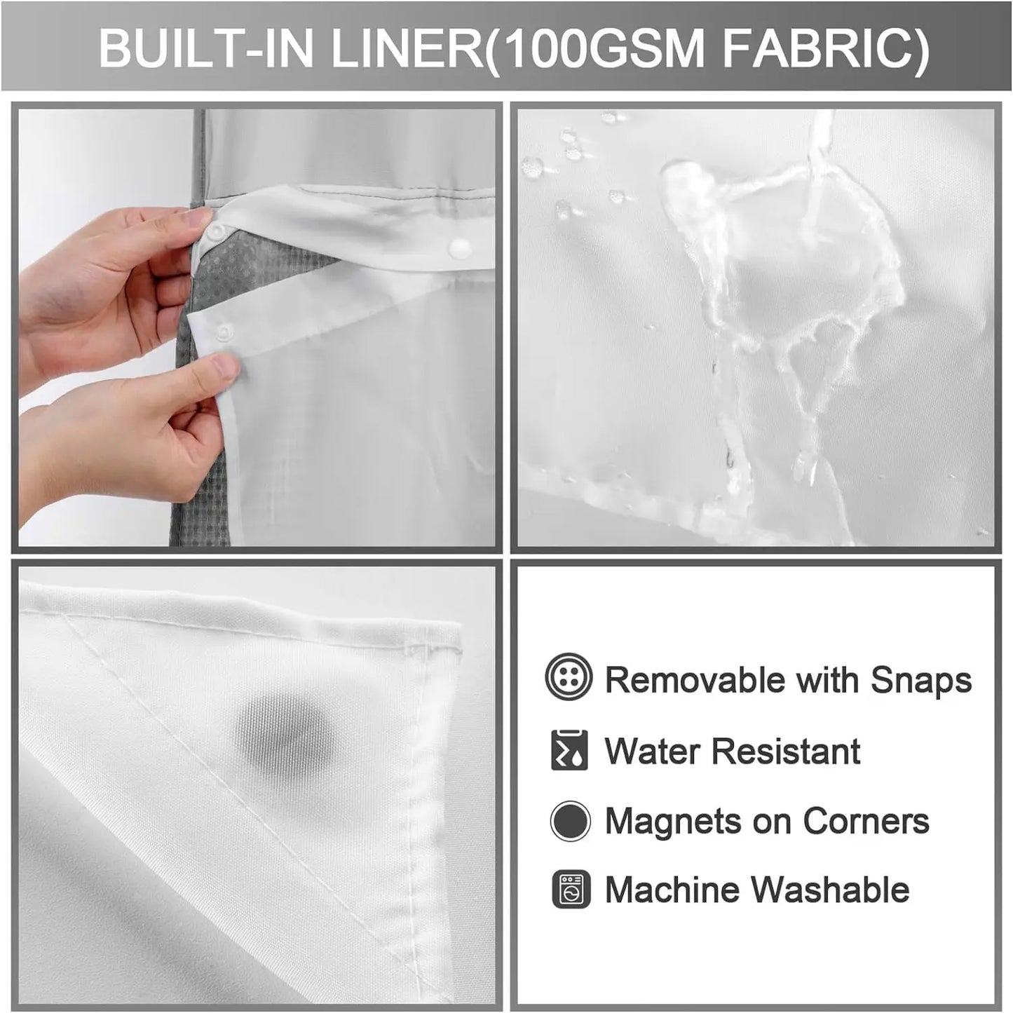 No Hook Shower Curtain with Snap Liner, Waterproof Double Layer, 72" x 75"