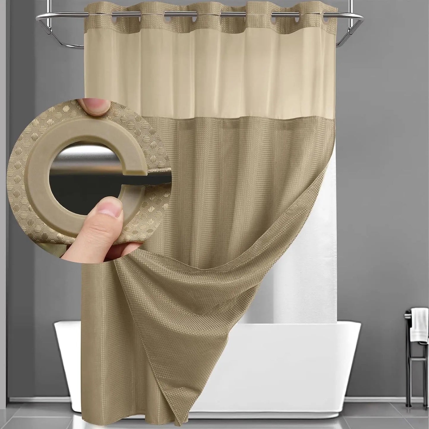 No Hook Shower Curtain with Snap Liner, Waterproof Double Layer, 72" x 75"