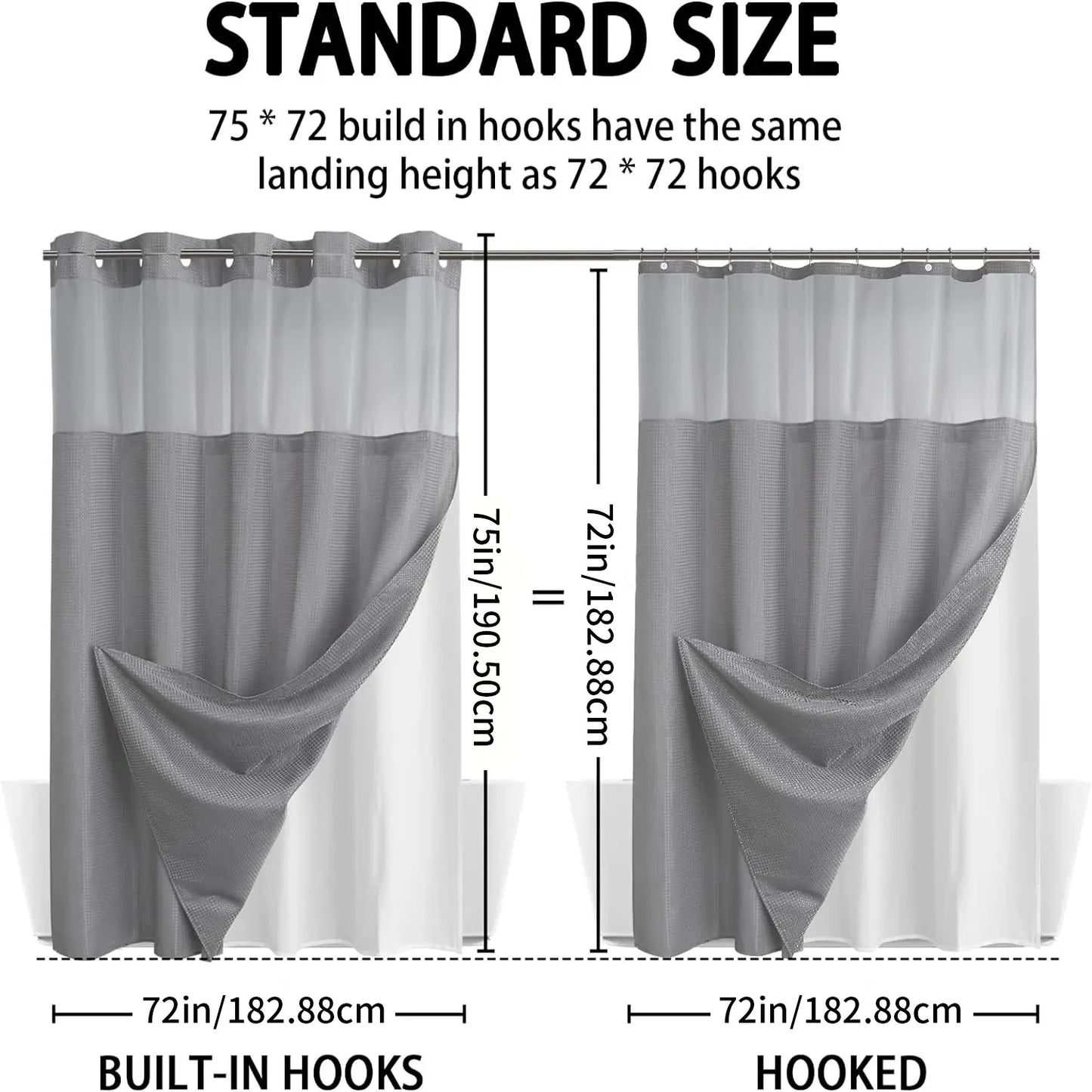 No Hook Shower Curtain with Snap Liner, Waterproof Double Layer, 72" x 75"