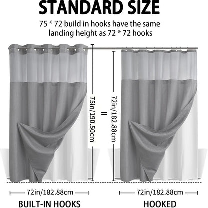 No Hook Shower Curtain with Snap Liner, Waterproof Double Layer, 72" x 75"