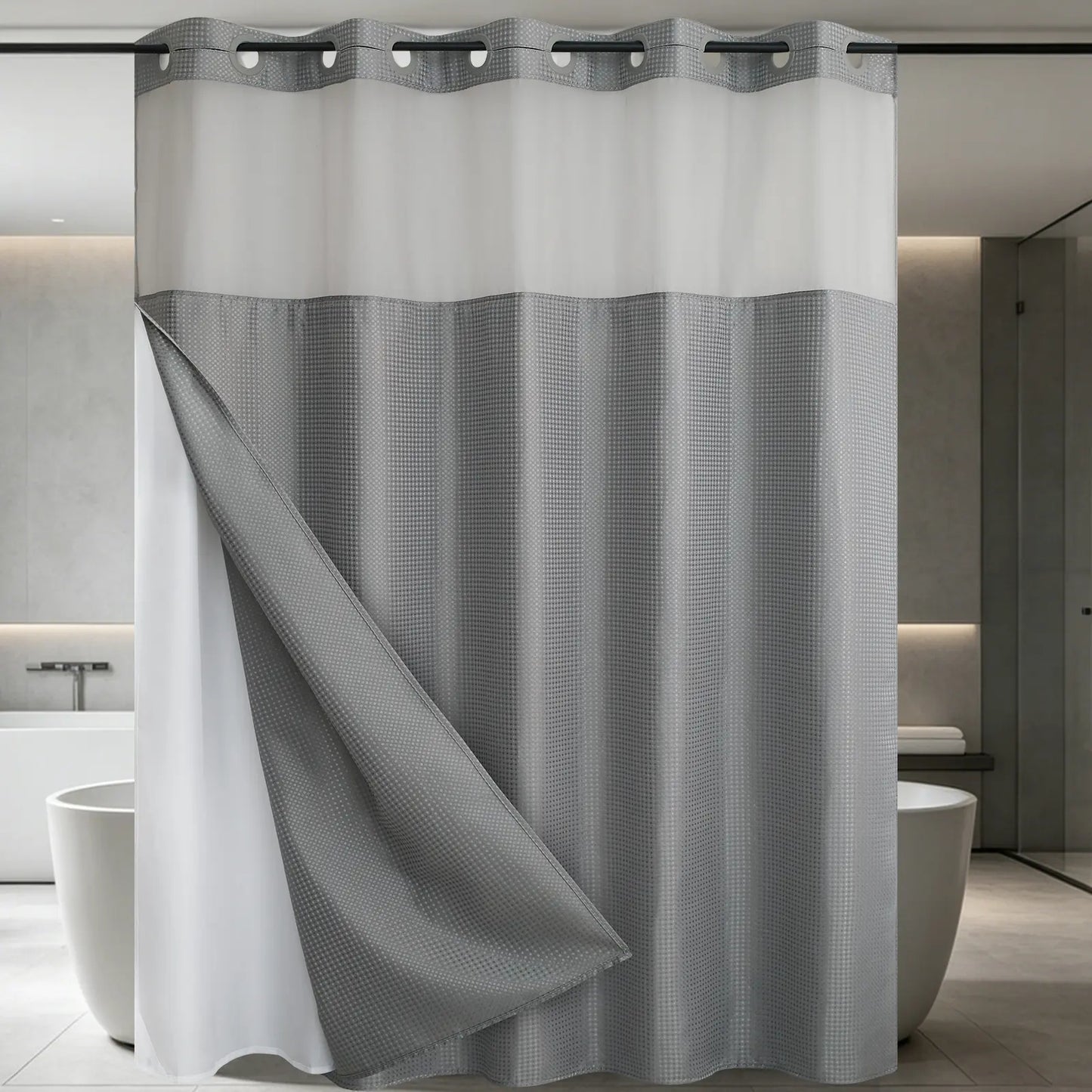 No Hook Shower Curtain with Snap Liner, Waterproof Double Layer, 72" x 75"