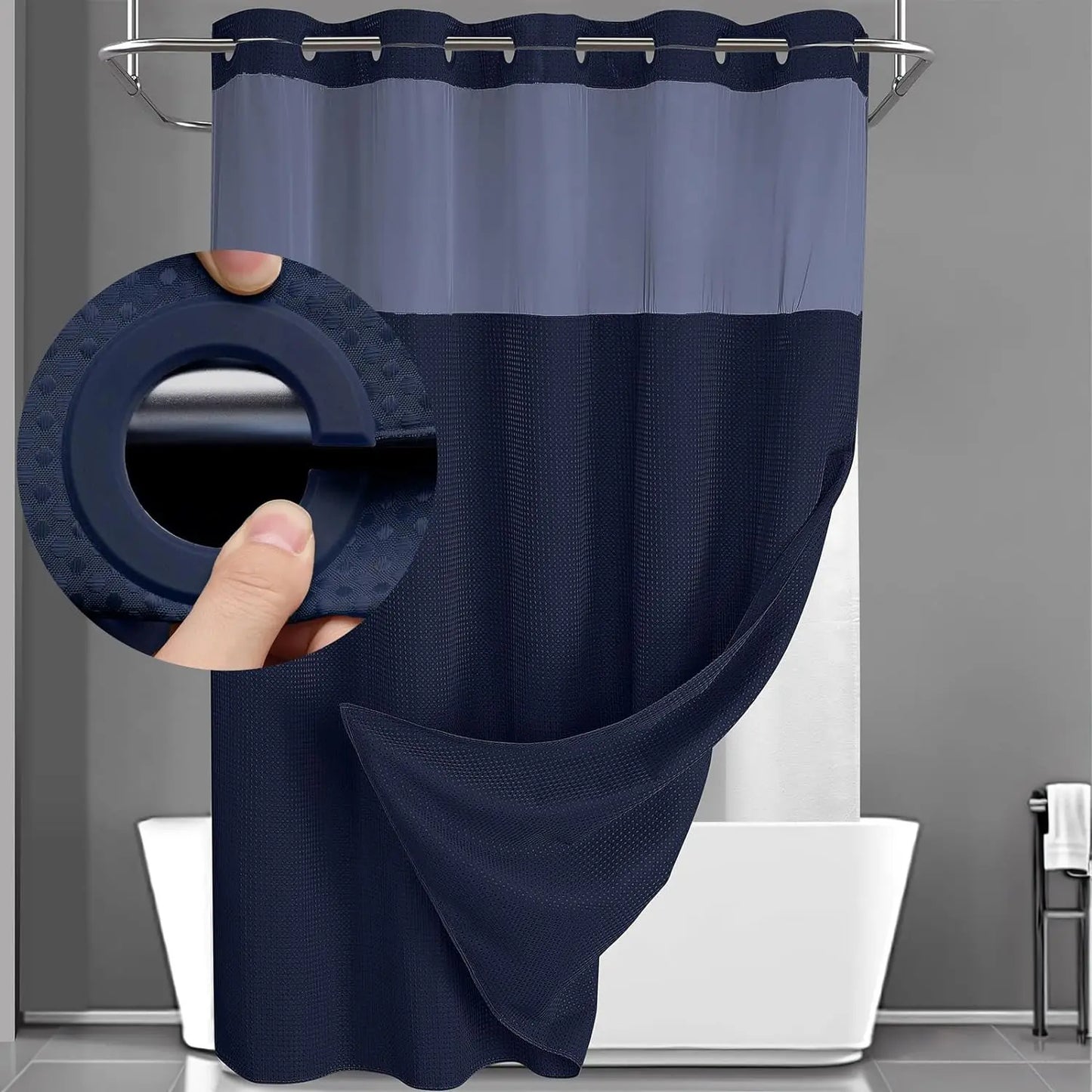 No Hook Shower Curtain with Snap Liner, Waterproof Double Layer, 72" x 75"