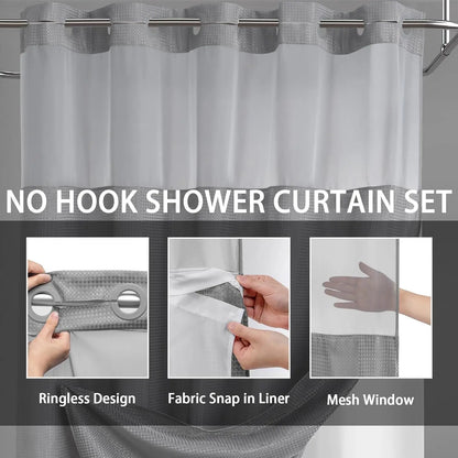 No Hook Shower Curtain with Snap Liner, Waterproof Double Layer, 72" x 75"
