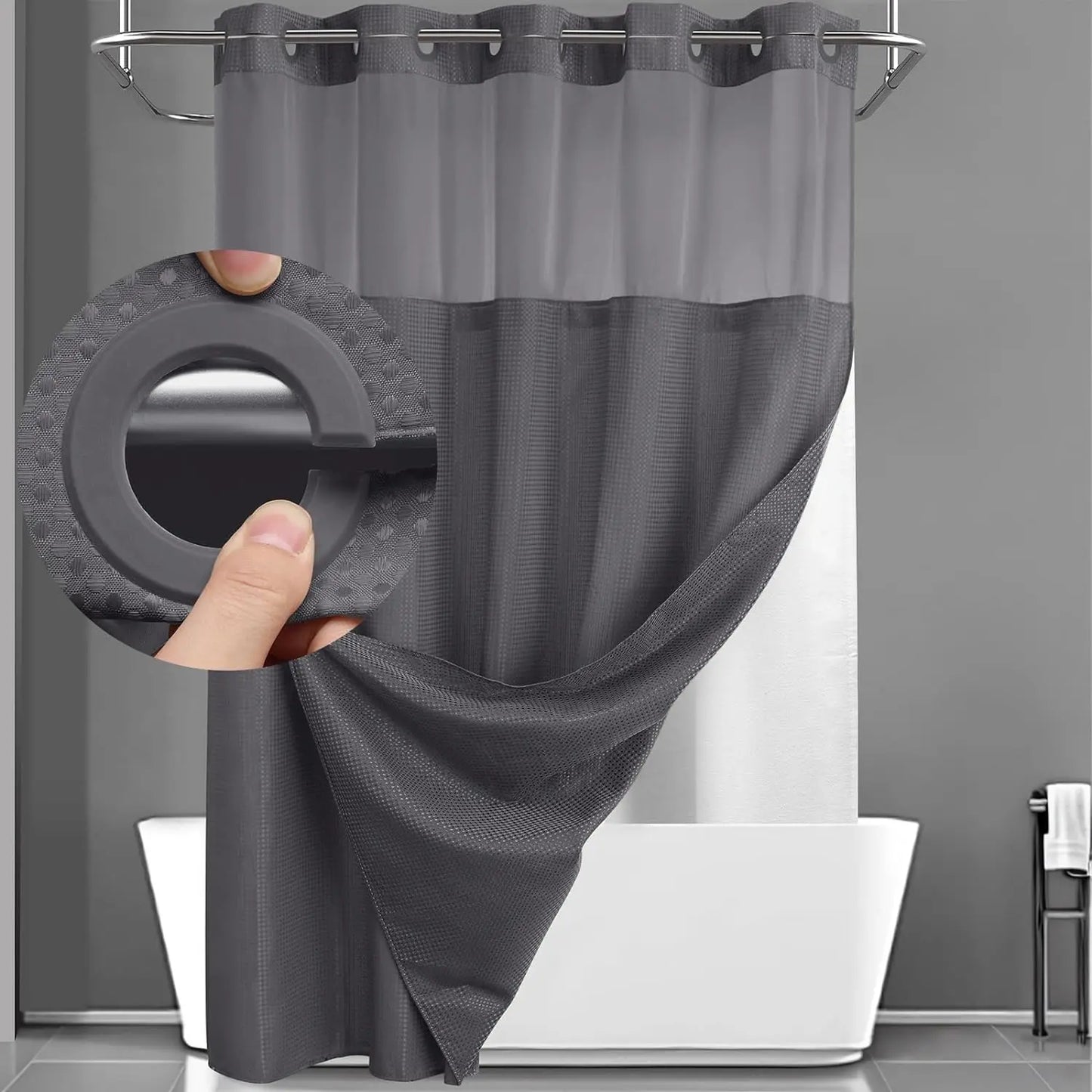 No Hook Shower Curtain with Snap Liner, Waterproof Double Layer, 72" x 75"